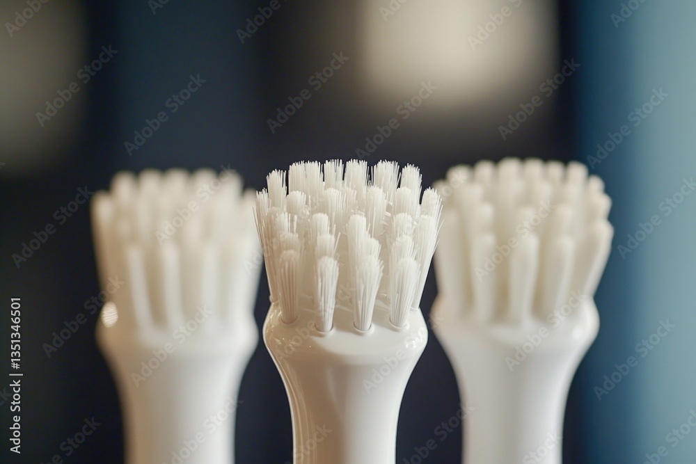Poster three white toothbrushes arranged on a table, ready for use