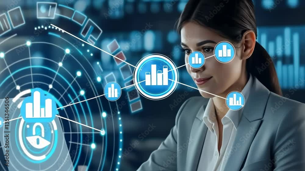 Poster This video showcases an expert analyzing data visualizations and cybersecurity, emphasizing tech and AI advancements that enhance business insights and strategies in a competitive environment