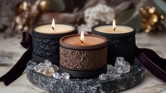 Three elegant embossed candles with a warm glow on a dark marble surface, concept for home decor, spa, and aromatherapy