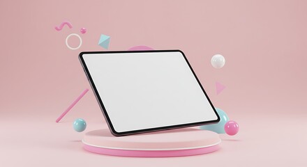 A tablet with a blank screen on a pink stand surrounded by geometric shapes and floating spheres