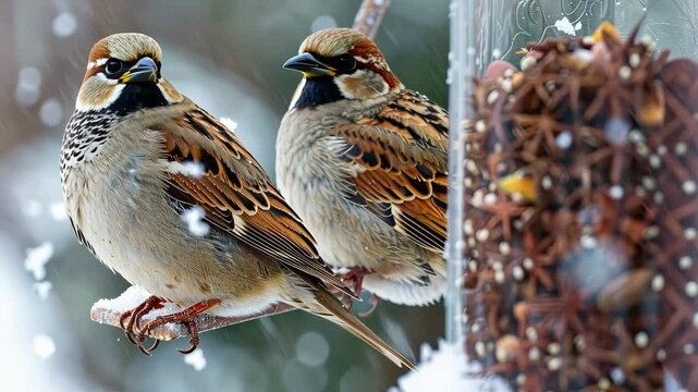 Two Sparrows on a Snowy Branch Near a Bird Feeder