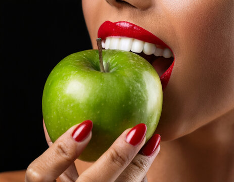 Una mujer con dientes blancos y labios rojos mordiendo una manzana verde aislada en fondo negro