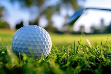 Obraz premium A lone golf ball sits on green grass, ready for play