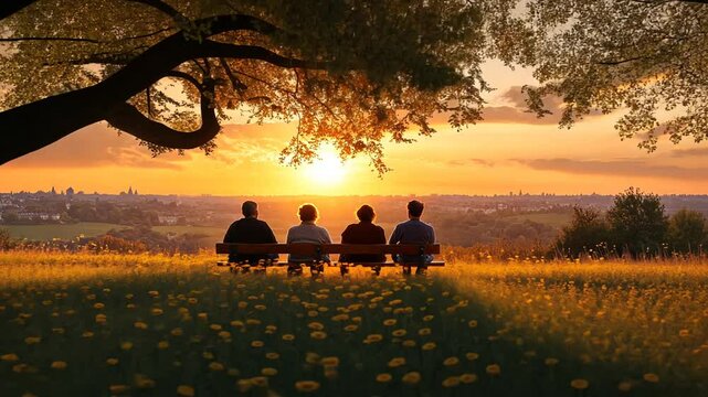Sunset view, friends on bench, park