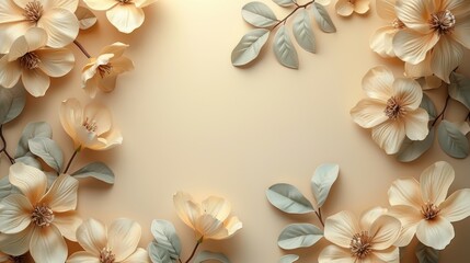 Elegant beige and cream flower frame with green leaves on soft background