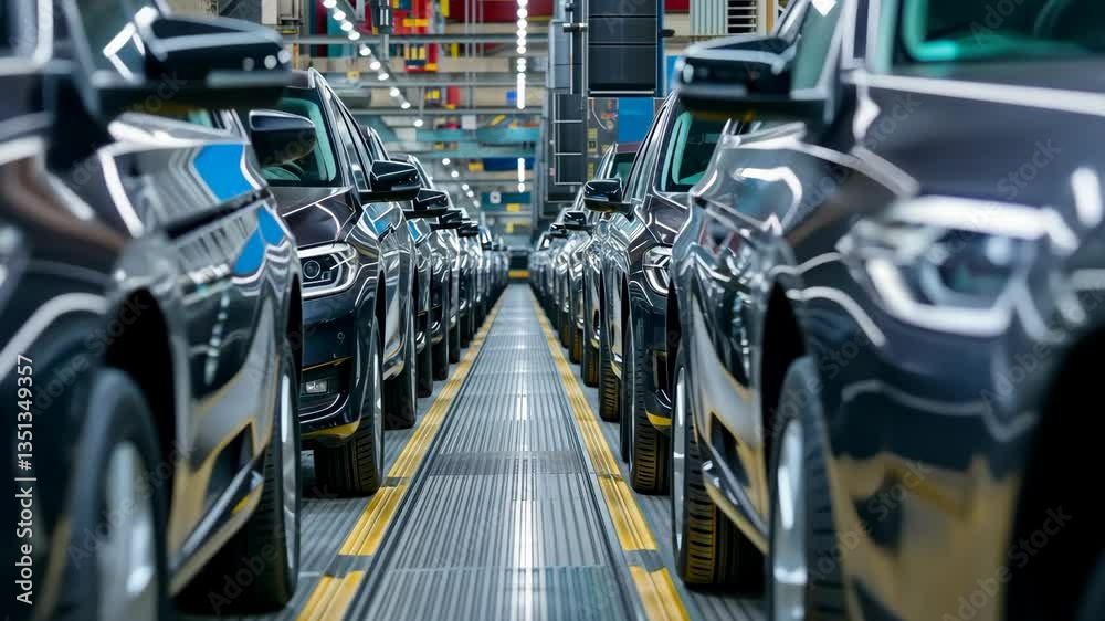 Poster an advanced automotive assembly line features sleek black vehicles in efficient production, showcasi