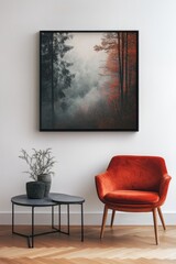 A single red chair sits next to a wooden table on a hardwood floor