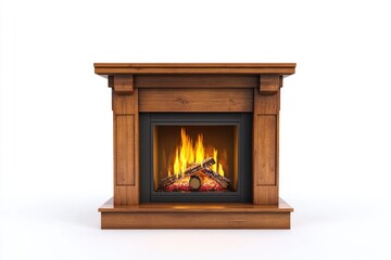 Cozy fireplace with flames burning bright on a clean white surface, ideal for home decor or winter themed designs