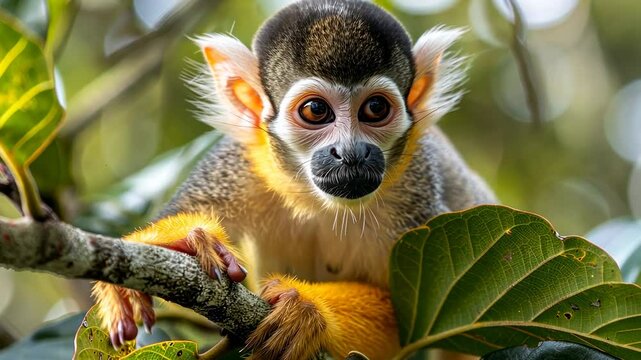 Adorable Squirrel Monkey in Lush Green Foliage