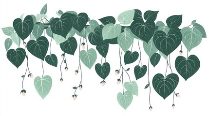 Hanging heart-shaped leaves, floral border, white background, nature design