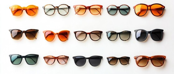 A collection of colorful sunglasses on a white background