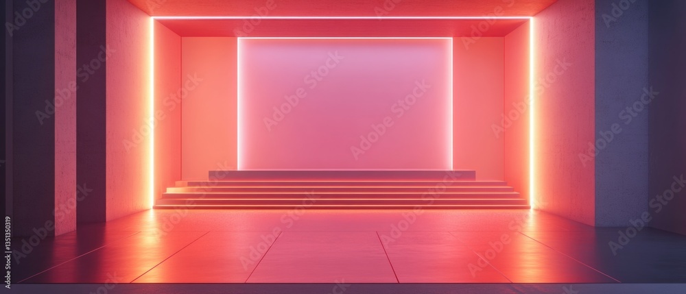 Poster a dimly lit room with stairs leading up and a red light visible, ideal for use in scenes of anticipa