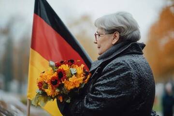 A senior woman standing solemnly at a war memorial, holding a German flag and a bouquet of flowers, paying tribute to Germany's history.Elderly patriot,senior patriotic woman.