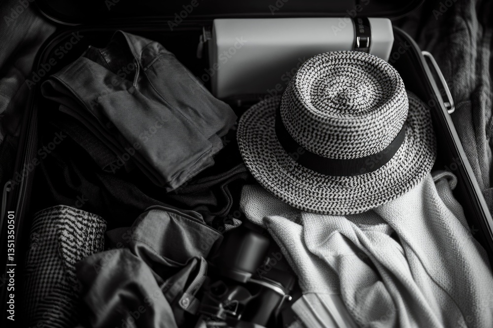Poster a glimpse into the contents of an open suitcase showing clothes and a hat, perfect for travel or pac