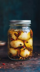 A jar of pickled pears placed on a table, ready for serving or display