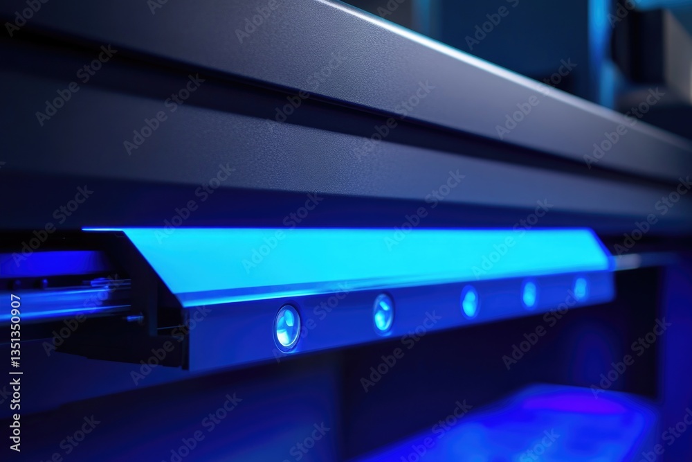 Poster a close-up shot of a blue light on a shelf, great for use in product photography or as an accent in 