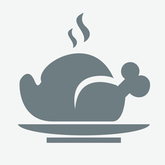 Roasted chicken icon with steam, flat vector food illustration.