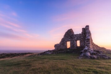 capture serene majesty of ancient ruin at sunrise its weathered stones set against vibrant hues of dawn