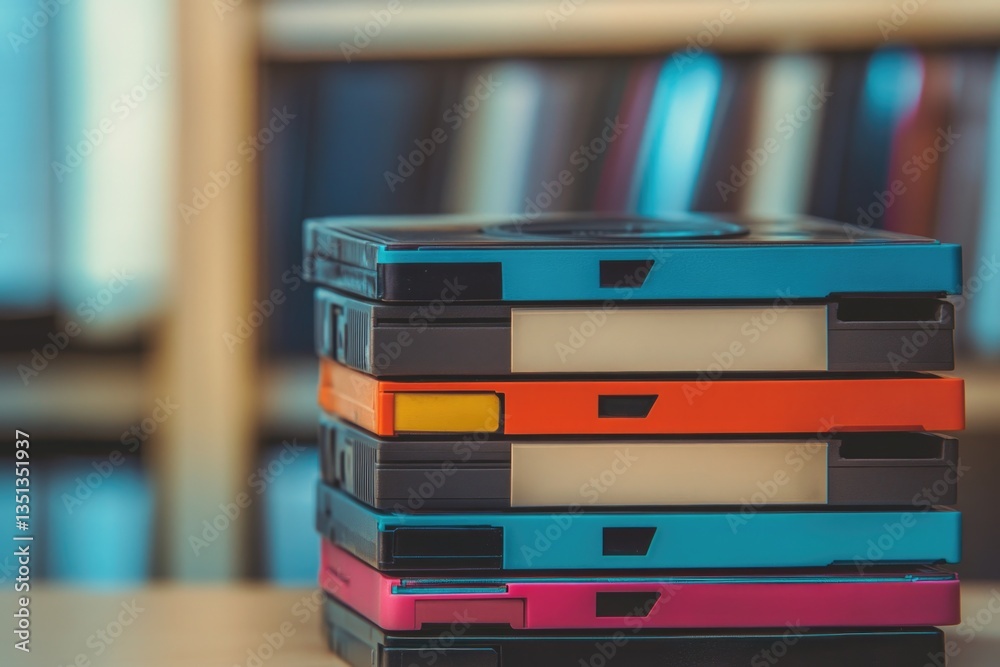 Poster four cassette tapes stacked on a table, ready for playback
