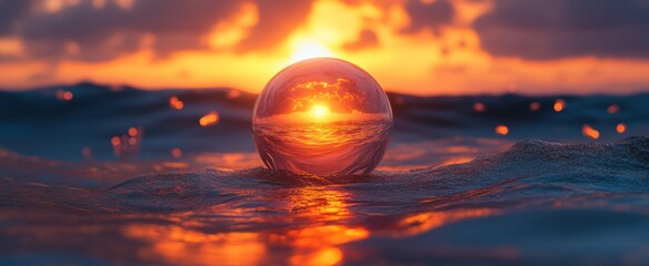 Ocean sunset reflected in glass sphere