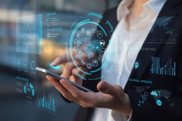 Businessman and businesswoman interacting with a virtual touchscreen interface, symbolizing digital communication and global connectivity in the tech world