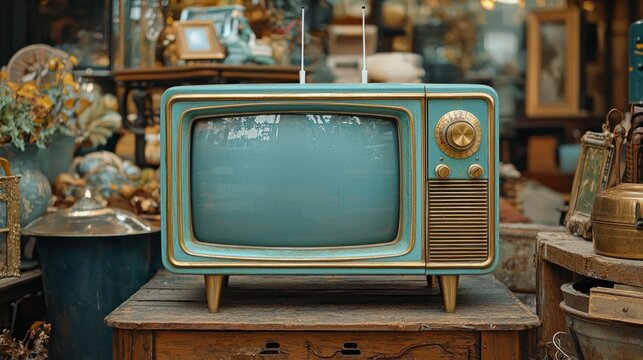 Retro teal television on antique wooden table amongst vintage items