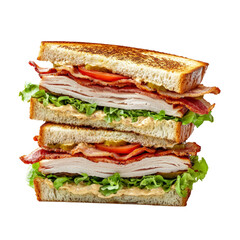 Classic club sandwich stacked with turkey, bacon, lettuce, and tomato, neatly cut in halves, isolated on white