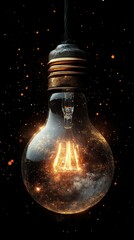 Glowing lightbulb, cosmic dust, dark background, idea concept