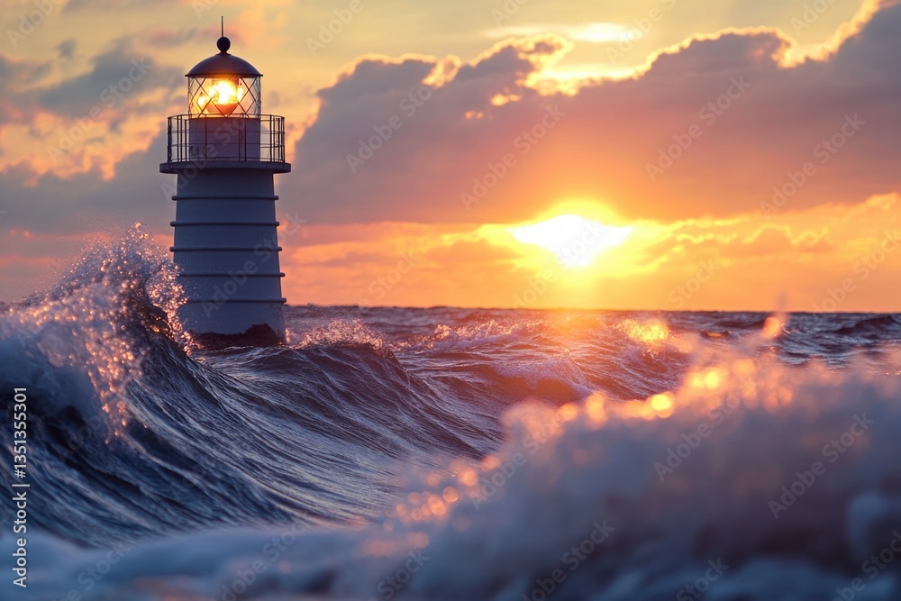 Aufkleber a lighthouse standing tall in the middle of the ocean, with the setting sun casting a warm glow
