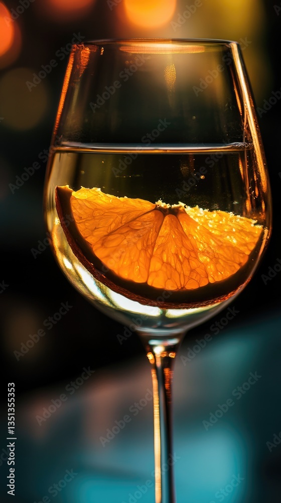 Poster a glass filled with red wine and a slice of orange floating on top