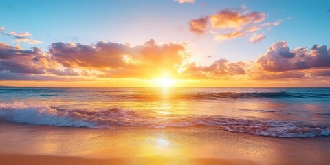 Fototapeta premium 3A mesmerizing sunset over a tropical beach, where the sky bursts into bright colors, casting a magical glow over the shimmering ocean waves. 