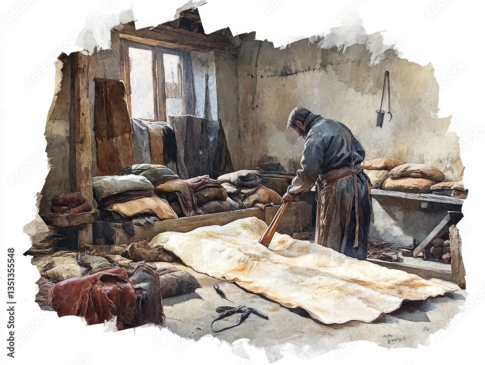 Poster a person working in a busy workshop setting, with tools and equipment visible