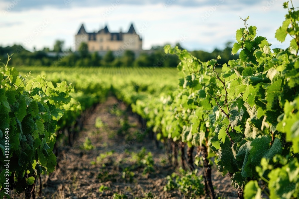 Poster a scenic view of a vineyard with a castle in the background, suitable for use in travel or tourism i