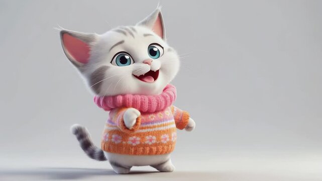 Cute animated cat dances joyfully in a colorful sweater during a playful moment