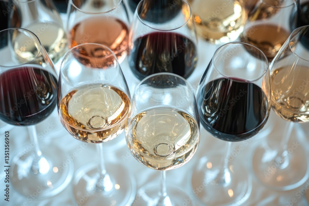 Poster a collection of wine glasses placed on a table, suitable for use in restaurant or bar settings