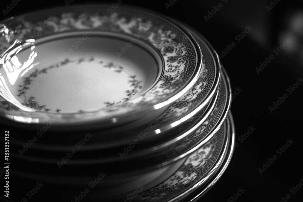 Poster a collection of plates stacked high, suitable for use in food or lifestyle images