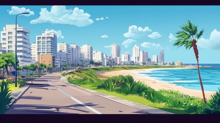 Obraz premium Coastal Cityscape: A Serene Promenade by the Azure Sea under a Summer Sky