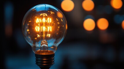 Glowing Edison bulb, night, bokeh background, idea concept