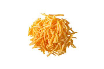 A top down view of a pile of shredded cheddar cheese, against a white background.