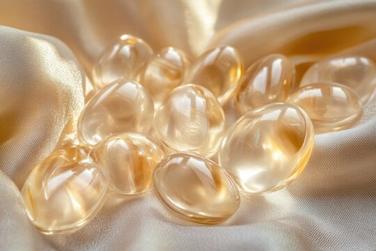 A close-up of a group of clear pills on a white surface