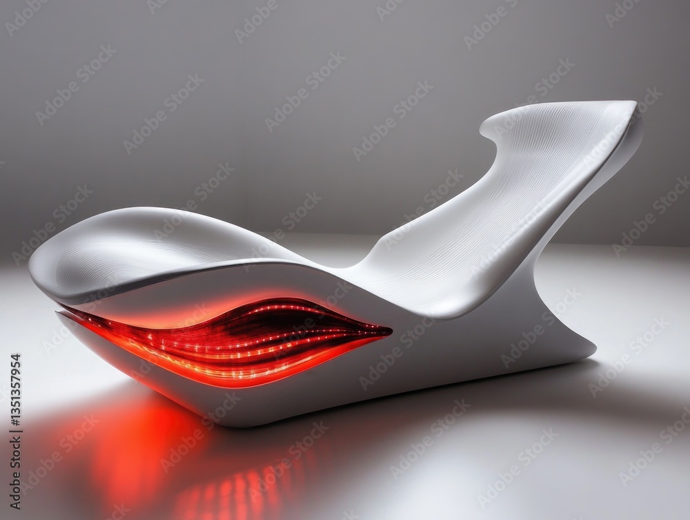 Poster a white chair with a single red light on it, great for minimalist settings or lighting-focused compo