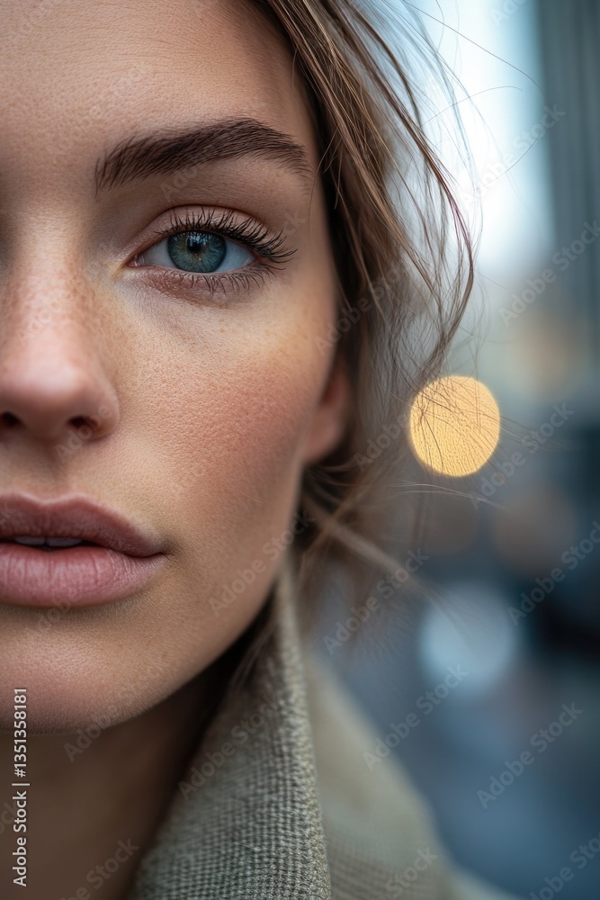 Poster close-up portrait of a woman's face featuring blue eyes, great for use in personal or professional p