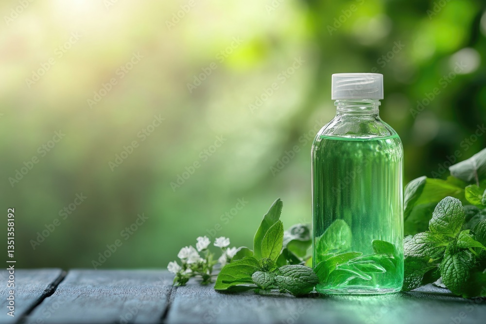 Poster a glass bottle filled with a mysterious green liquid sits on a wooden table, ready for use or displa