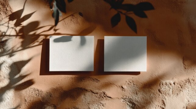Blank cards, sunlight, leaves, terracotta