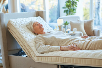 Senior woman resting on adjustable bed in modern home