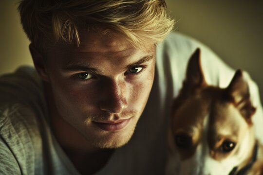 A man stands next to his loyal dog, both gazing directly at the viewer