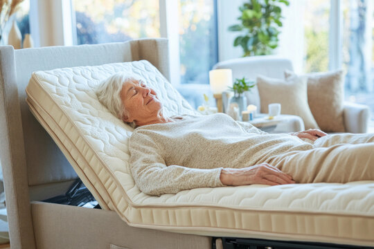 Senior woman resting on adjustable bed in modern home