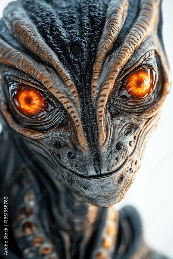 Poster close-up of a statue featuring a mythical creature with glowing eyes, suitable for fantasy or horror