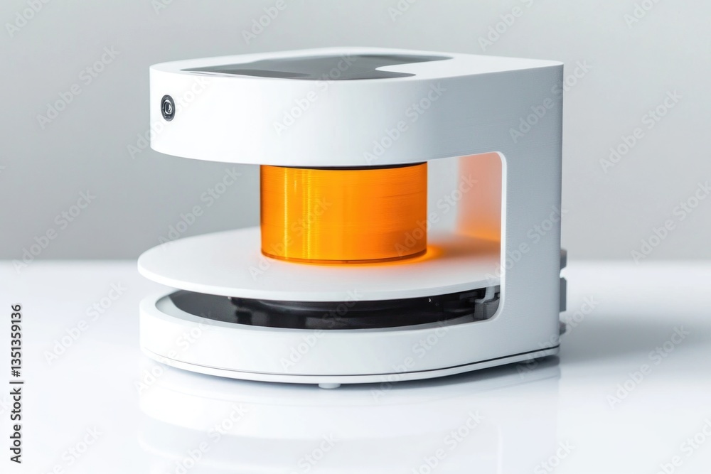 Poster a white and orange machine sitting on a table, ready for use