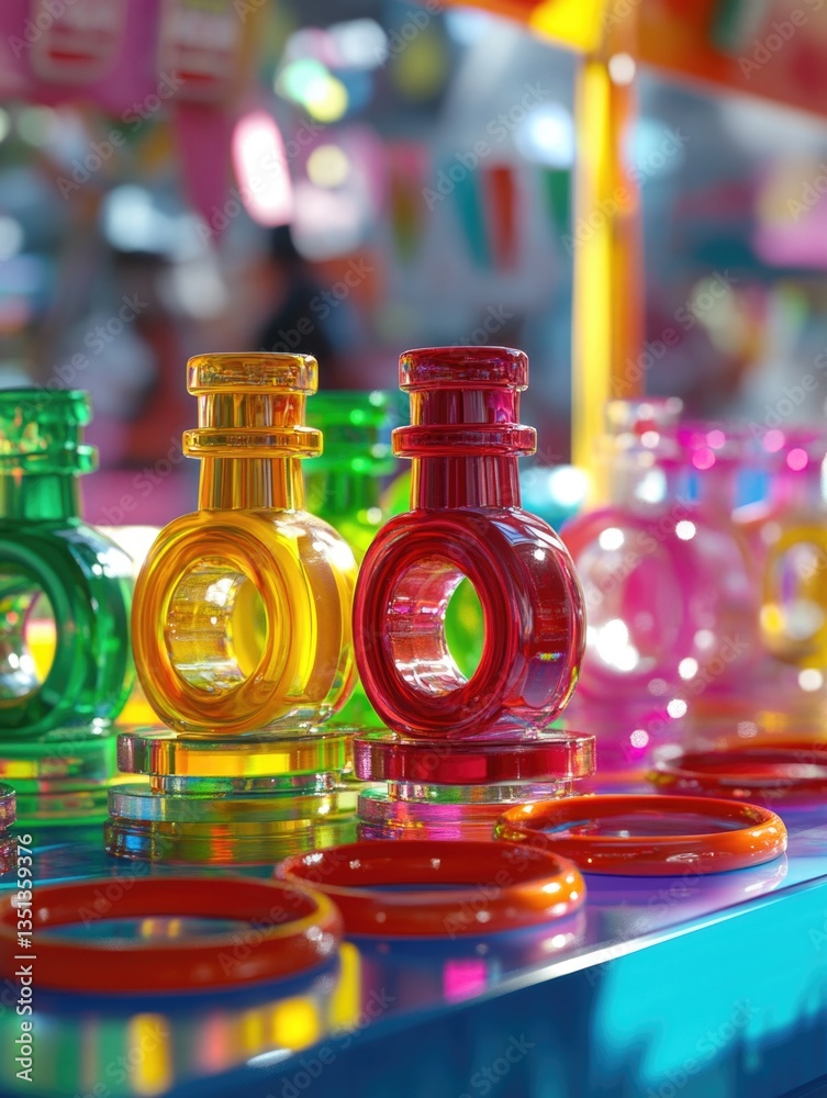 Poster close-up of a collection of differently colored glass bottles